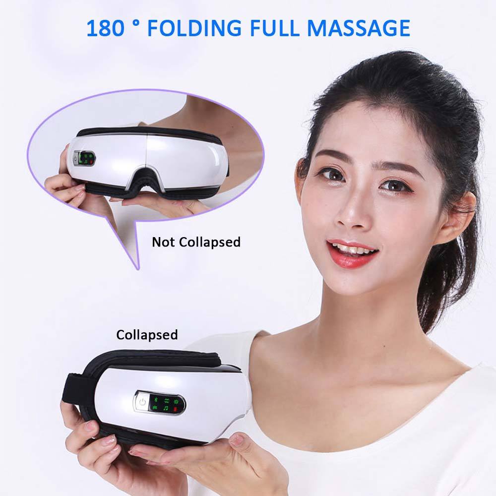 Foldable eye massager shown worn and held for travel