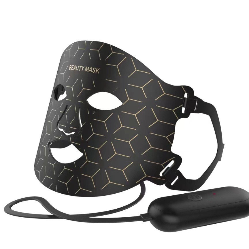 Black LED therapy face mask alternate angle with handheld controller