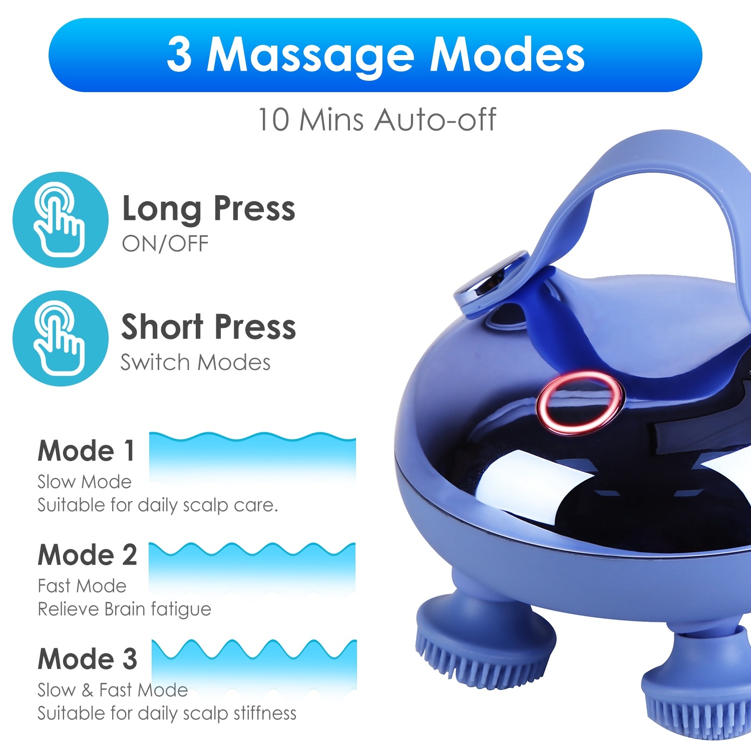 Electric scalp massager three modes and 10-minute auto shut-off