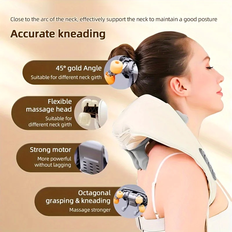 Shiatsu neck massager kneading mechanism and ergonomic angle
