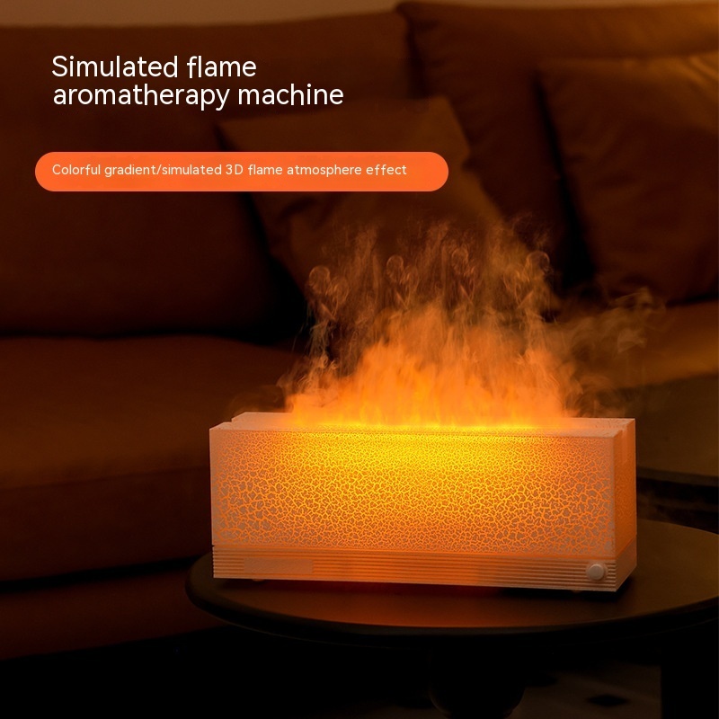 White aroma diffuser producing fireplace-style flame mist