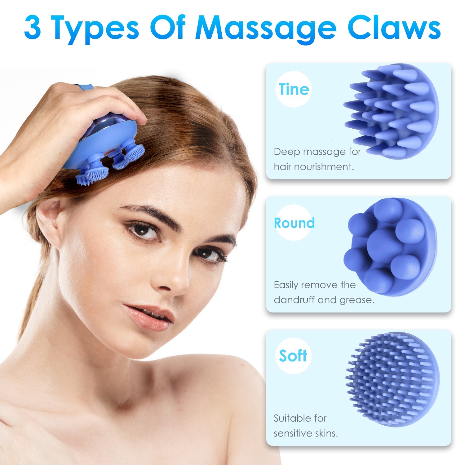 Three interchangeable massage head types for scalp care