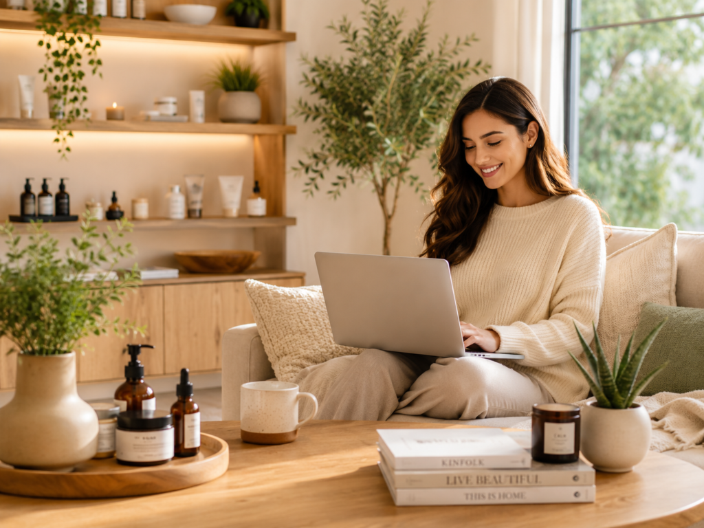 Woman browsing premium wellness products from home on a laptop in a modern living room.