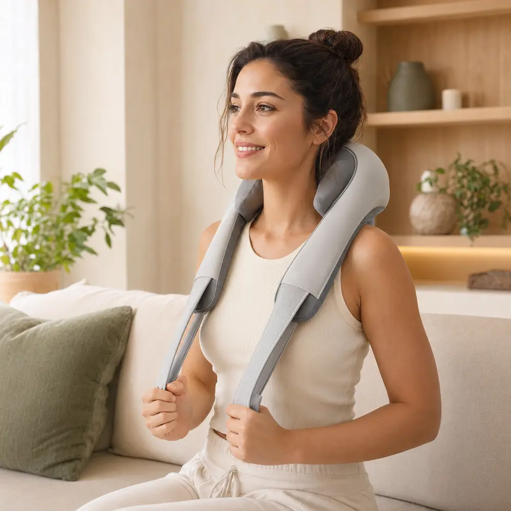 Woman using an Estzion neck and shoulder massager at home