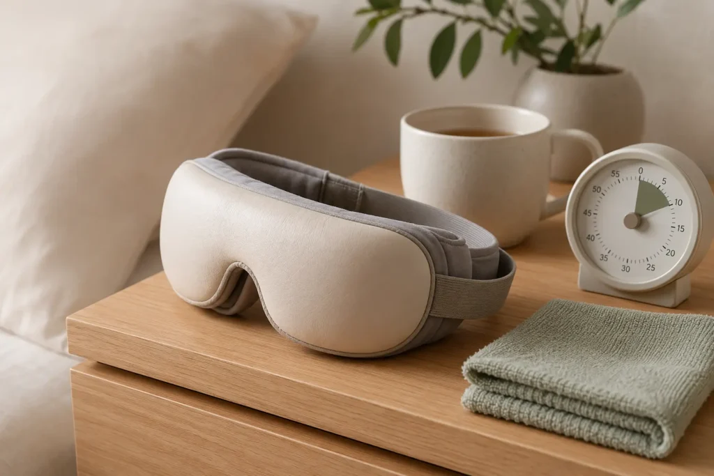 Heated eye massager beside a timer and soft cleaning cloth