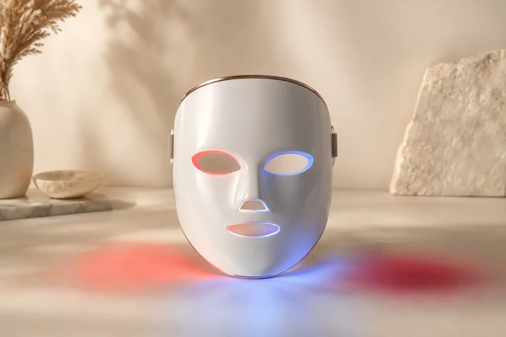 LED face mask with subtle red and blue light colors