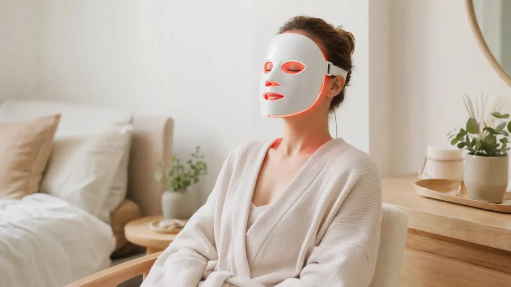 Woman using a red LED face mask during an at-home skincare routine