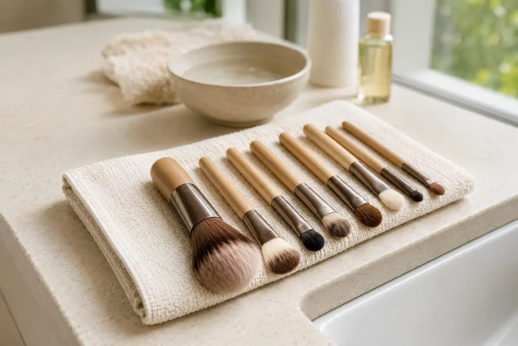 Clean makeup brushes drying flat on a towel