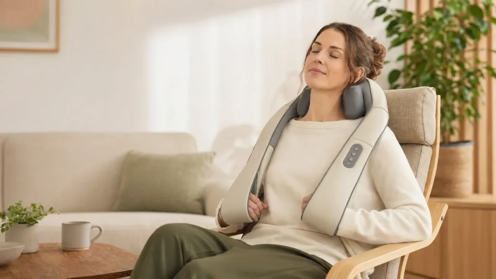 Woman using a shiatsu neck and shoulder massager safely at home