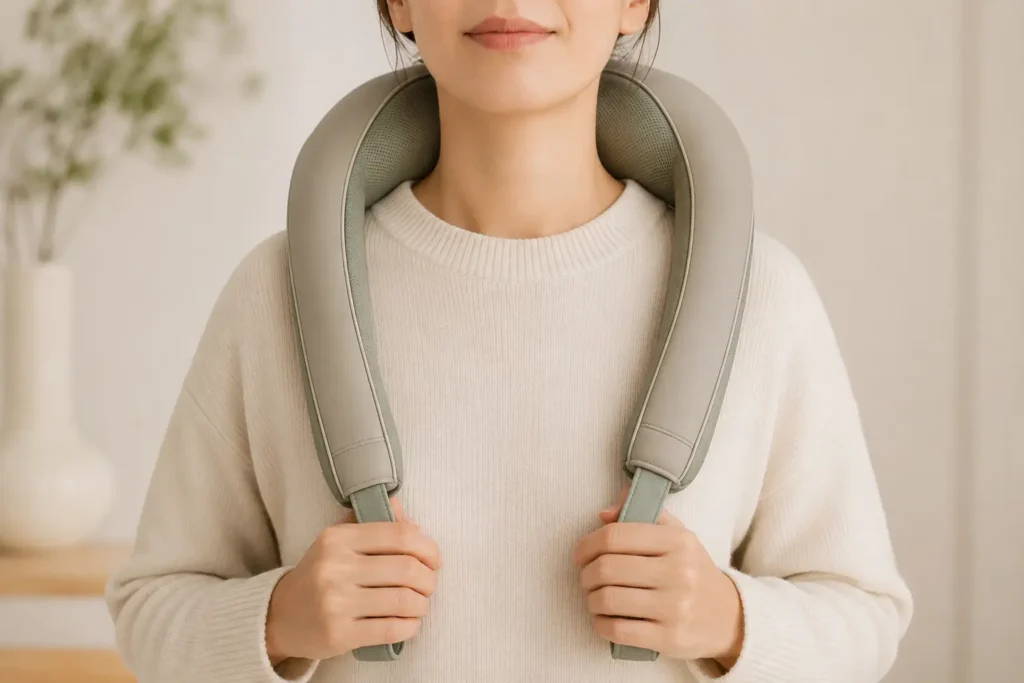 Correct neck massager positioning across the shoulders and upper back