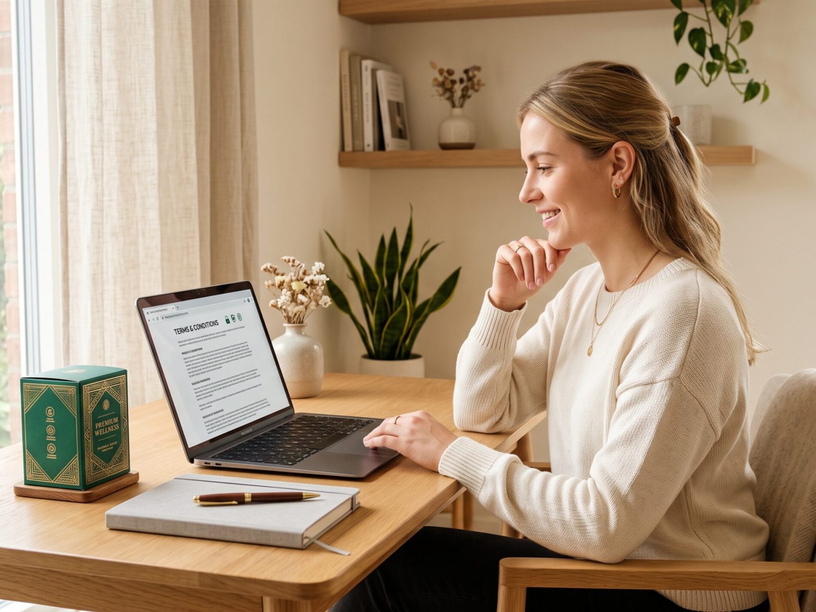Customer reviewing Estzion shopping terms on a laptop in a modern home.