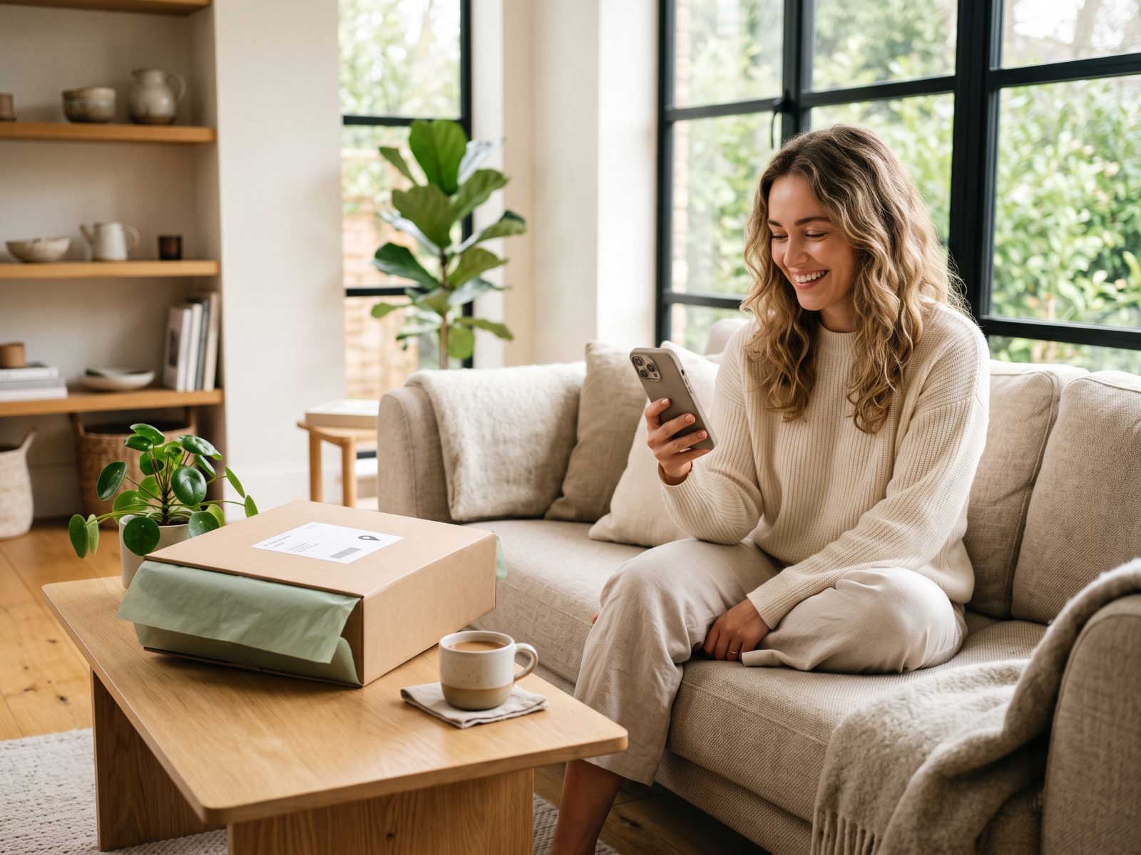 Customer tracking an Estzion wellness order on a smartphone at home after receiving a premium delivery package.
